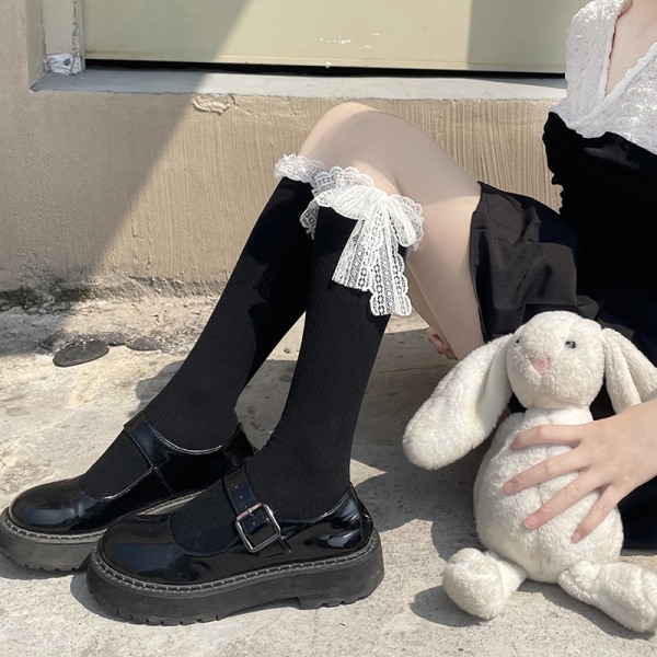 Japan Lolita Blondestrømper Kvinder Søde Kowknot høje knæstrømper A6 One Size