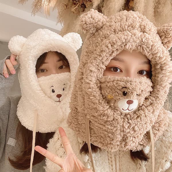e Bear Ear Hat Halstørklæde Handsker Vinter Kvinder Beanies Caps Varm Plus Beige One Size