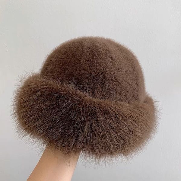 Vinterhatt för kvinnor, konstpäls, fluffig hinkhatt för kvinnor, plysch White