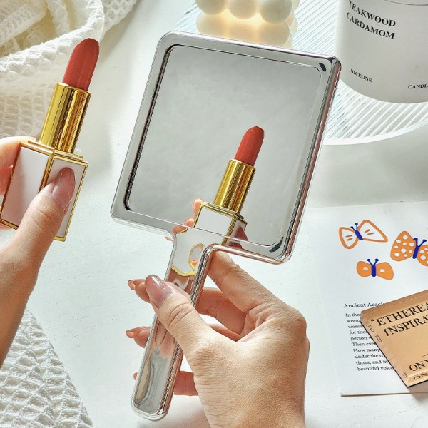 Flydende Form Firkantet Spejl Mini Håndholdt Desktop Cosmetic Make Silver B2