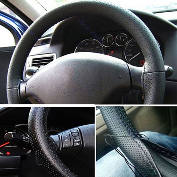 Uusi nahkainen ohjauspyörän suojus autoon ja kuorma-autoon, jossa ompeleet ja lanka Black One Size