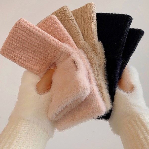 Bløde plys vinterhandsker med halvfinger, strikket, fingerløs G Khaki onesize