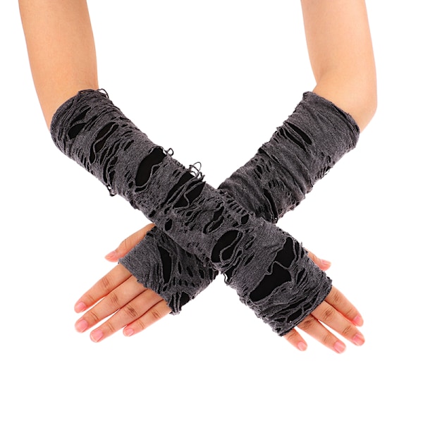 1 par gotiska fingerlösa handskar Halloween svarta rivna hål black