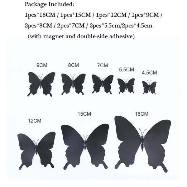 12 stk/sett 3D svart Pteris Butterfly Wall Sticker Sommerfugler Ma Black onesize