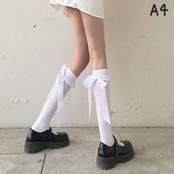 Japan Lolita Spetsstrumpor Dam Söta Kowknot Höga Knästrumpor A4 One Size