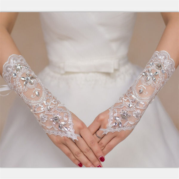 Hvid/elfenben krystal bryllupshandske tilbehør Rhinestone L White one size