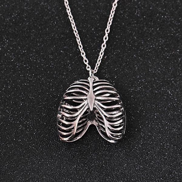 Mode mänskliga revben kropp bröst skelett hänge halsband Vintage Silver One Size