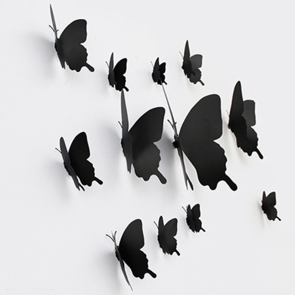 12 stk/sett 3D svart Pteris Butterfly Wall Sticker Sommerfugler Ma Black onesize
