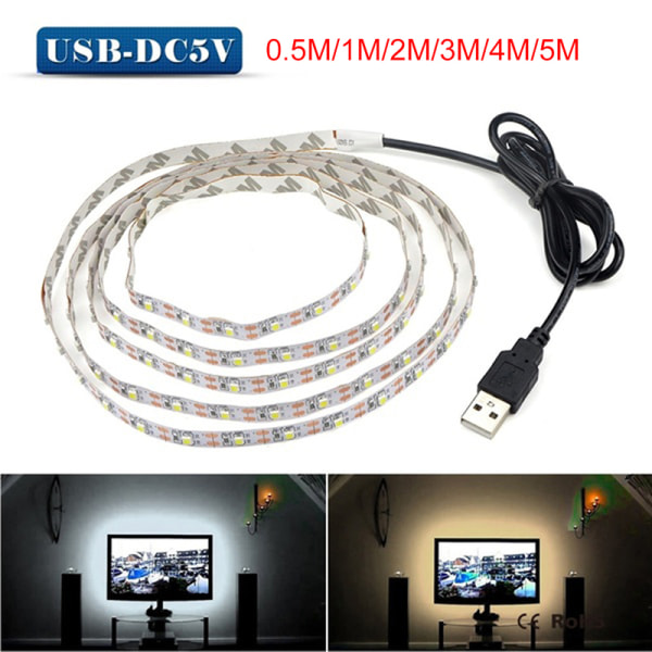 5V TV LED Baggrundsbelysning USB LED Strip Lys Dekor Lampe Tape TV Bagside White 5M