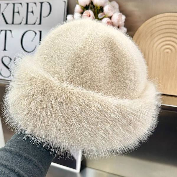 Vinterhatt för kvinnor, konstpäls, fluffig hinkhatt för kvinnor, plysch Beige