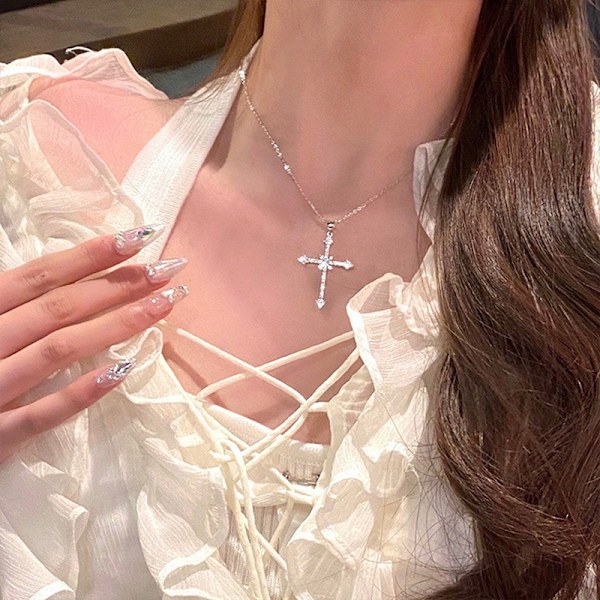Mote kvinner Crystal Zircon Cross Anheng Halskjede for kvinner G Silver ONESIZE