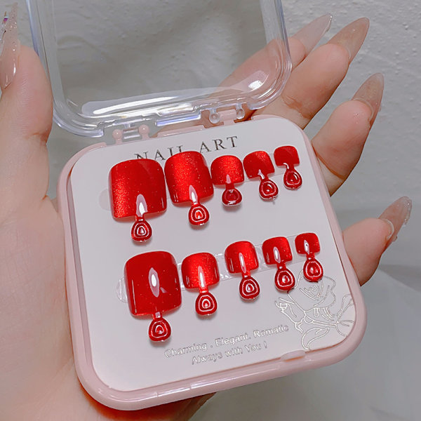 10 stk/æske Cat Eye Toe Falsk Negle Kort Firkantet Tryk på Negle fo Red onesize
