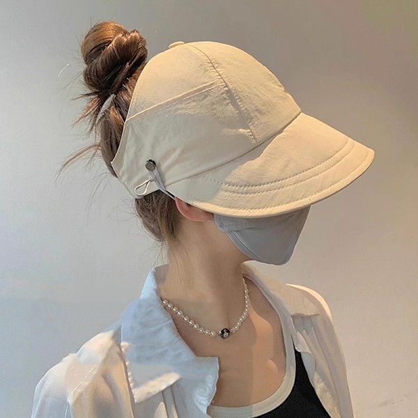 Justerbar Solhatt med Bred Bremm og Hestehale - Foldbar Caps for Sommeren Beige