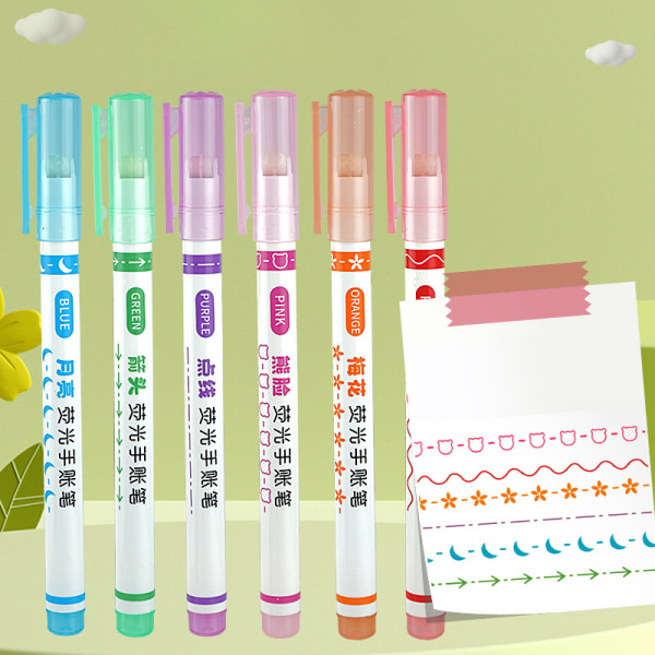 6 kpl Highlighter Marker -kynä Lineaarinen lyijykynä Pitsi Roller Tip Multi A 6pcs