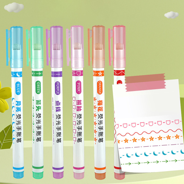 6 Stk Highlighter Marker Pen Lineær blyant Blonderrullespids Multi A 6pcs