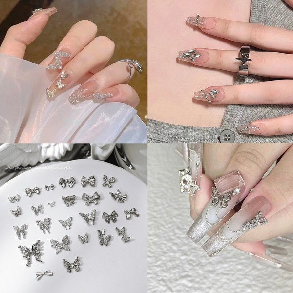 10 stk DIY Nail Art Decoration 3D Silver Butterfly Shiny Rhinest D 10Pcs