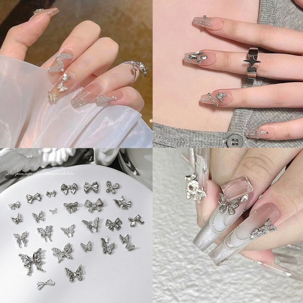 10st DIY Nail Art Dekoration 3D Silver Butterfly Shiny Rhinest A 10Pcs