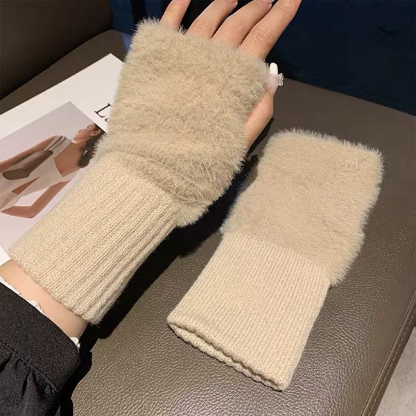 Bløde plys vinterhandsker med halvfinger, strikket, fingerløs G Pink onesize