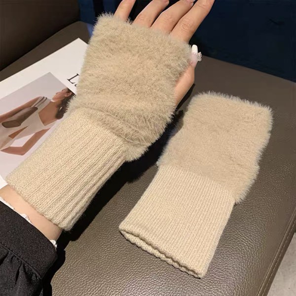 Pehmeät talviset puolisormikäsineet Naisten neulotut Fingerless G Khaki onesize