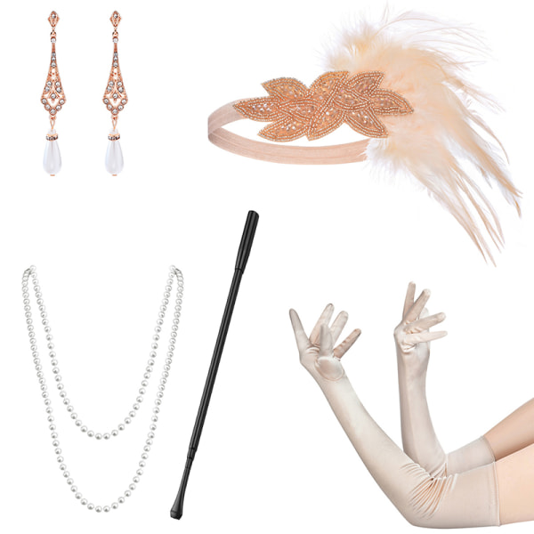 1920-talet Flapper Costume Pannband Halsband Handske Armband Gatsby M J Onesize