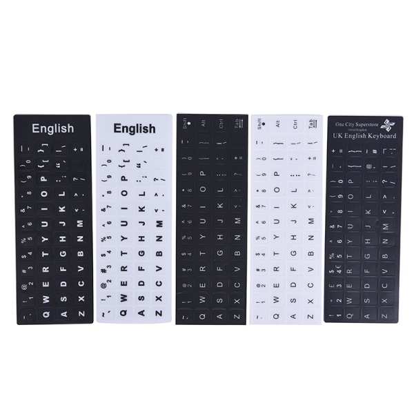 Engelske tastaturerstatningsklistremerker hvitt på svart Enhver PC Com White Bold