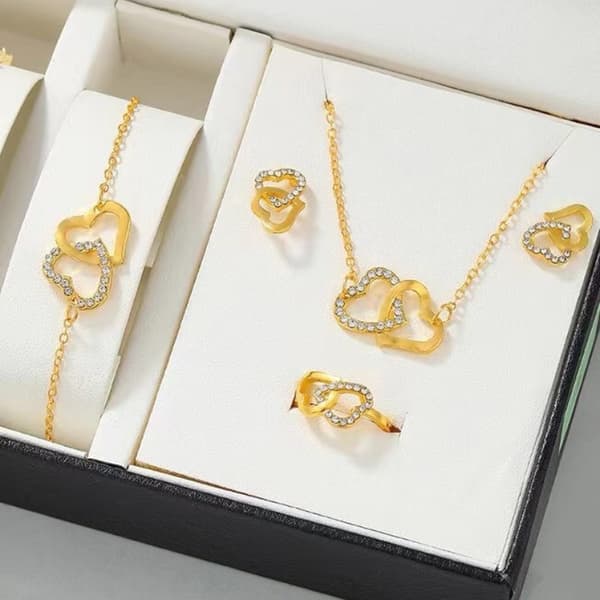 5 STK/Sæt Hjerteformede Smykker Til Kvinder Elegance Rhinestone Dou Gold set