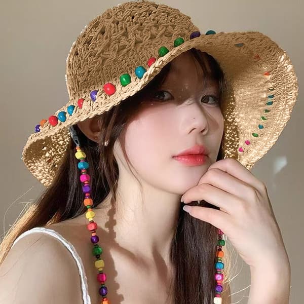 Boho Retro Färgade Pärlor Strå Sommar Strand Resa Solhatt one size