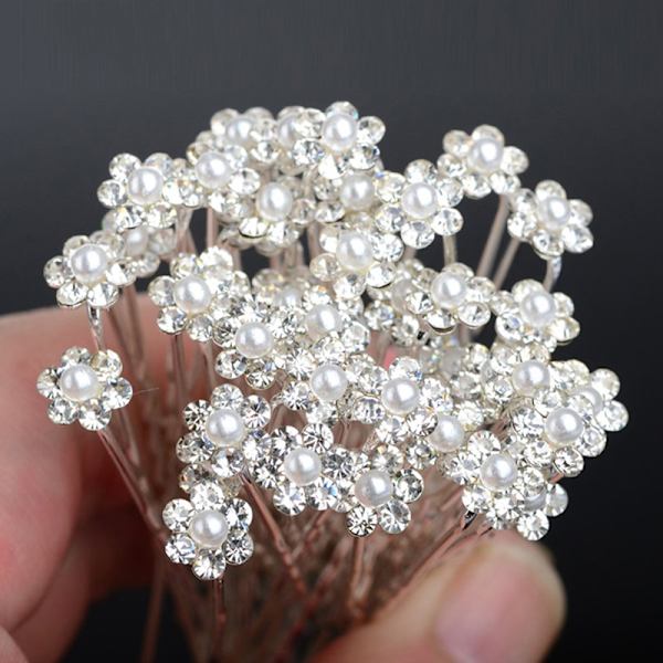 40 kpl häähiusneulat Crystal Pearl Flower morsiamen hiusneulat H 白K6钻珍珠（40支） 5.9cm