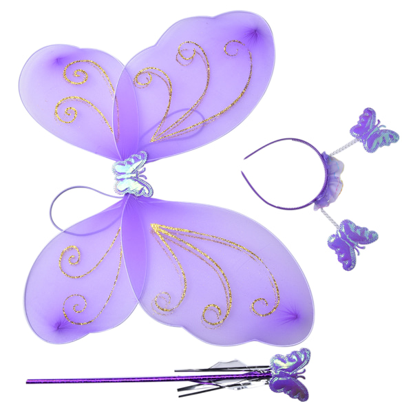 3Pc Sett Jenter Fairy Costume Butterfly Party Wings Wand Princess Pruple