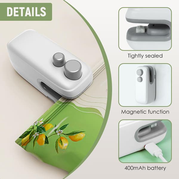 Mini Poseforsegler 2-i-1 USB Oppladbar Vakuumforsegler & Kutter A2