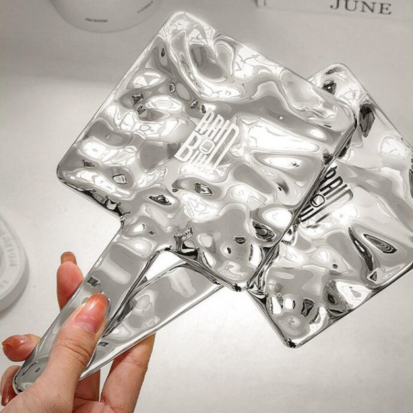 Flydende Form Firkantet Spejl Mini Håndholdt Desktop Cosmetic Make Silver A2