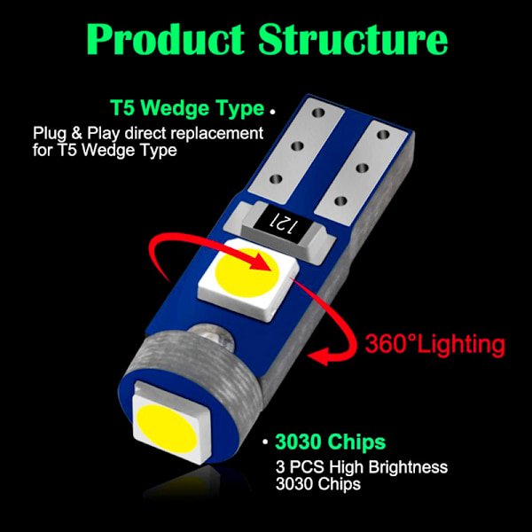 T5 LED-lampa 3smd 3030 W3W W1.2W Led Canbus bilinredningsljus light white