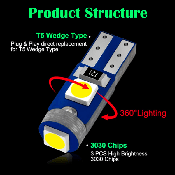 T5 Led pære 3smd 3030 W3W W1.2W Led Canbus bil interiørlys light white