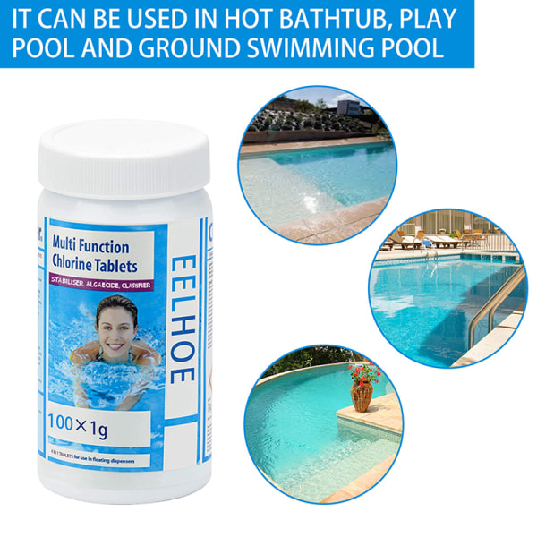 100 Stk Svømmebassin Rengøring Klor Tabletter Multifunktion Al White one size