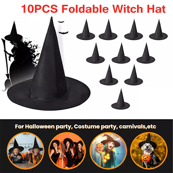 10X Halloween Heksehat Party Cosplay Rekvisitter Dekoration Troldmand Hat Fa Black