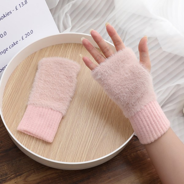 Bløde plys vinterhandsker med halvfinger, strikket, fingerløs G Pink onesize