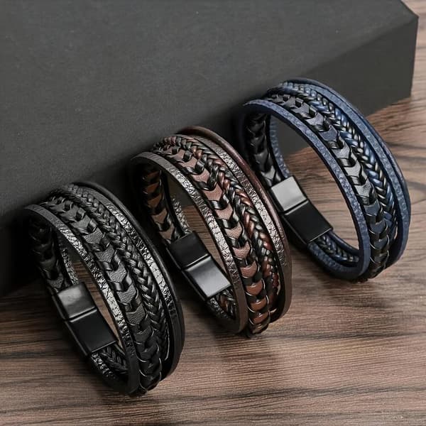 Trendy Mænds Legering Magnetisk Spænde Multi Retro Læder Reb Armbånd A2
