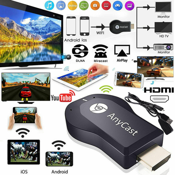 2 stk AnyCast M12 Plus WiFi Modtager Airplay Display Miracast HD Black 2pcs