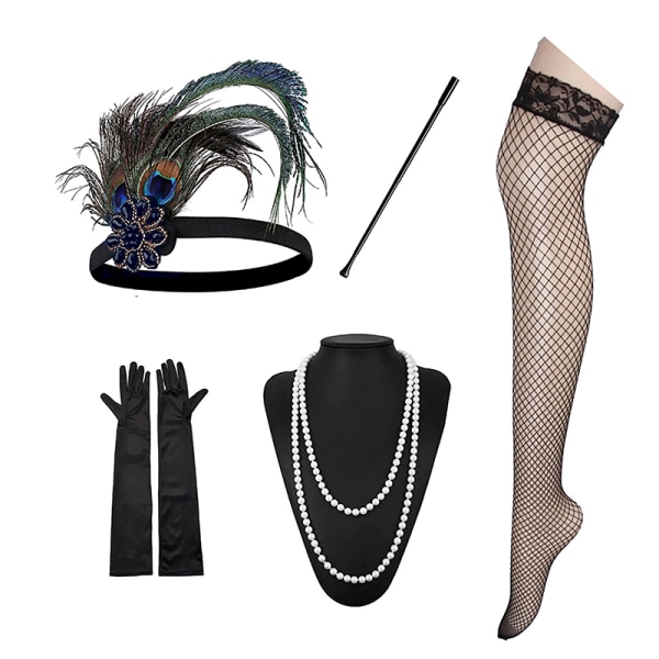 1920-talet Flapper Costume Pannband Halsband Handske Armband Gatsby M J Onesize