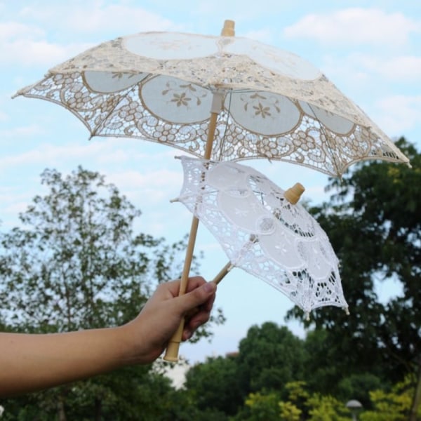 Köp Vit Beige Spets Parasoll Paraply Bröllop Elegant Bomullsbroderi | Fyndiq