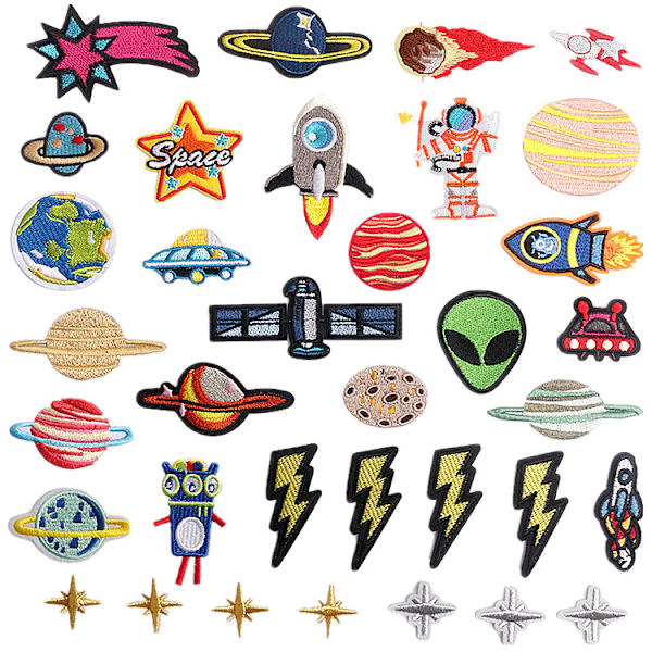 35 st Stryk på Märken Solsystem Applikationer Stickers, Blandade Rymdfarkost Planet Broderade Dekorativa Märken Applikationskit för Kläder Ryggsäckar Jeans