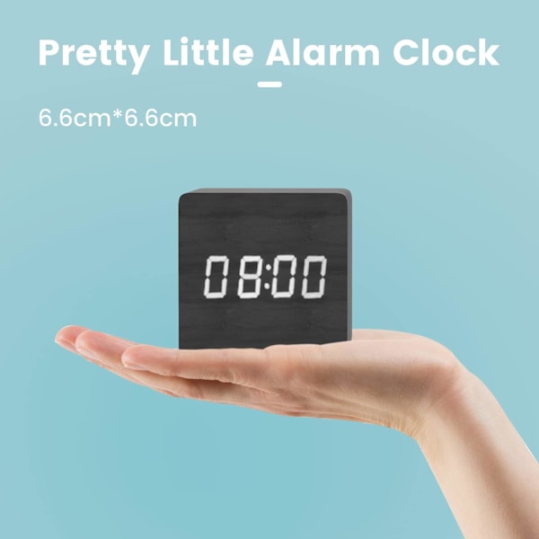 Svart digital väckarklocka i trä, LED-väckarklocka med datum, temperaturvisning, 3 larm, 4 ljusstyrkenivåer, batteridriven eller USB-driven