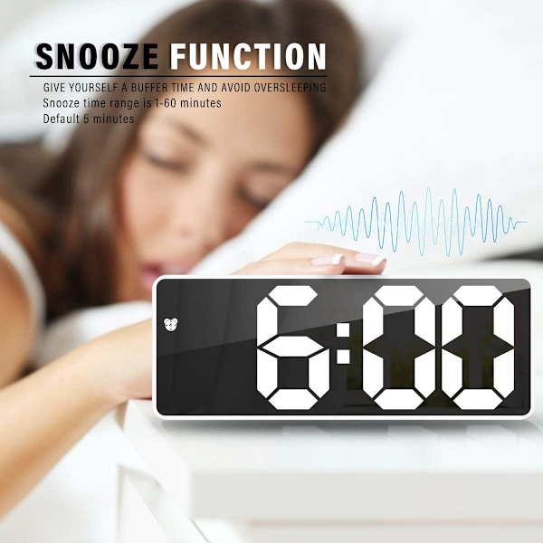 Digital väckarklocka, 6,7\" LED-spegel digital väckarklocka sängbordsväckarklocka morgonväckarklocka, röstaktiverad/icke tickande/snooze/temperatur/datumtid adj