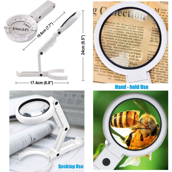 En hvid opladningsmodel Lup med 8 LED-lys, 5X 11X Håndholdt og Foldbar Forstørrelsesglas & Belyst Bordmodel 2 i 1 Opgraderet Version til Seniorer