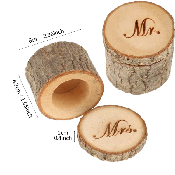 Et par bryllups ringæsker i træ (diameter 6 cm, MRS, MR), med bryllups ringæske beslag til opbevaring ved bryllupsforlovelsesfester og Valentinsdag