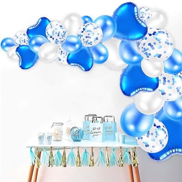 Blått ballongsett, 48 delers sett med fargerike konfettiballonger, bånd og folieballonger, brukt til bursdager, bryllup, babyshower, høytidsdekorasjon
