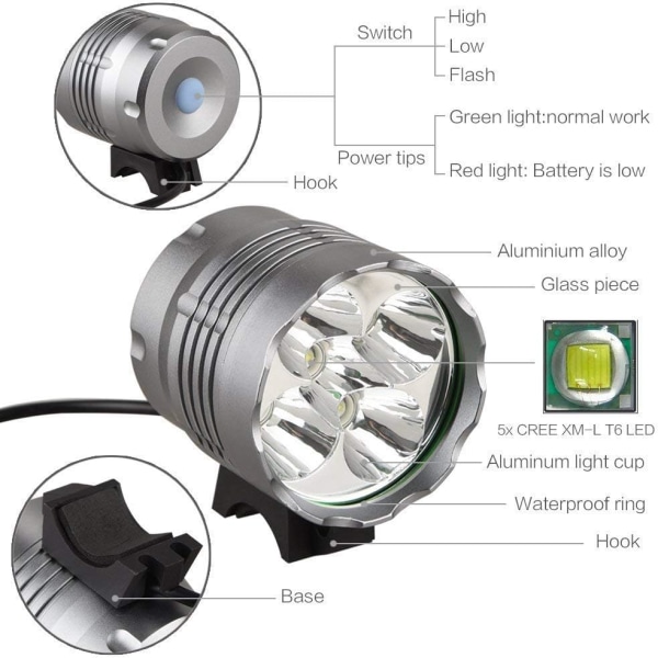 Cykellampor, 6000 lumen 5 LED cykellampa, vattentät mountainbikelampa med 6400 mAh uppladdningsbart batteri, 3 lägen strålkastare