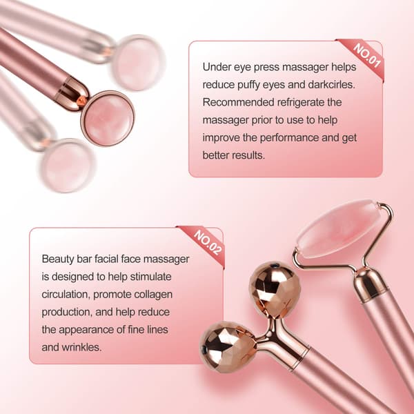 3-IN-1 Sähköinen Jade Roller 3D Roller Kasvorulla & Kasvohierontalaite, Ruusukvartsi