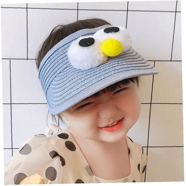 Storögd stråhatt för barn (blågrå, justerbar 44-50cm), solskydd för babyflickor och pojkar, solskärm, söt tecknad mjuk hatt, strandhatt