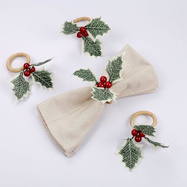 Julgransprydnad Servettringar Set om 6, Bondgårdsstil Holly Berry Servettringhållare, Handgjorda Rustika Servettspännen Hållare för Jul, Thanksgiving